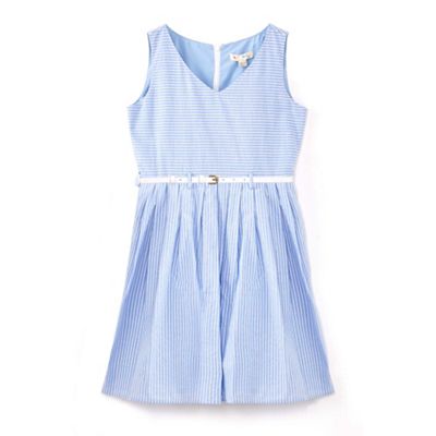 Girls' blue stripe belted denim dress